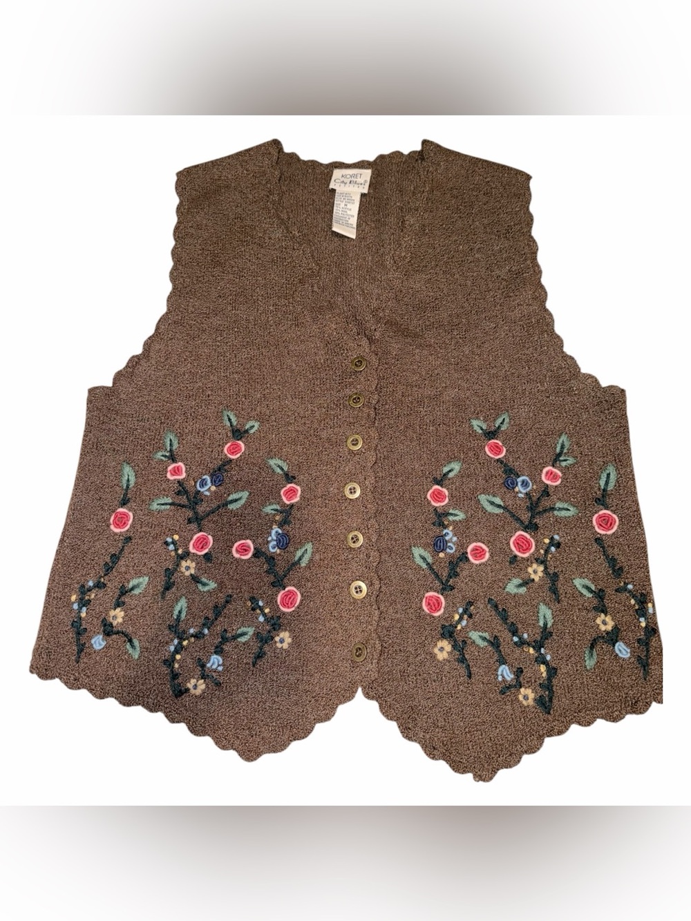 Koret Brown Knit Button-Front Floral Embroidered Vest